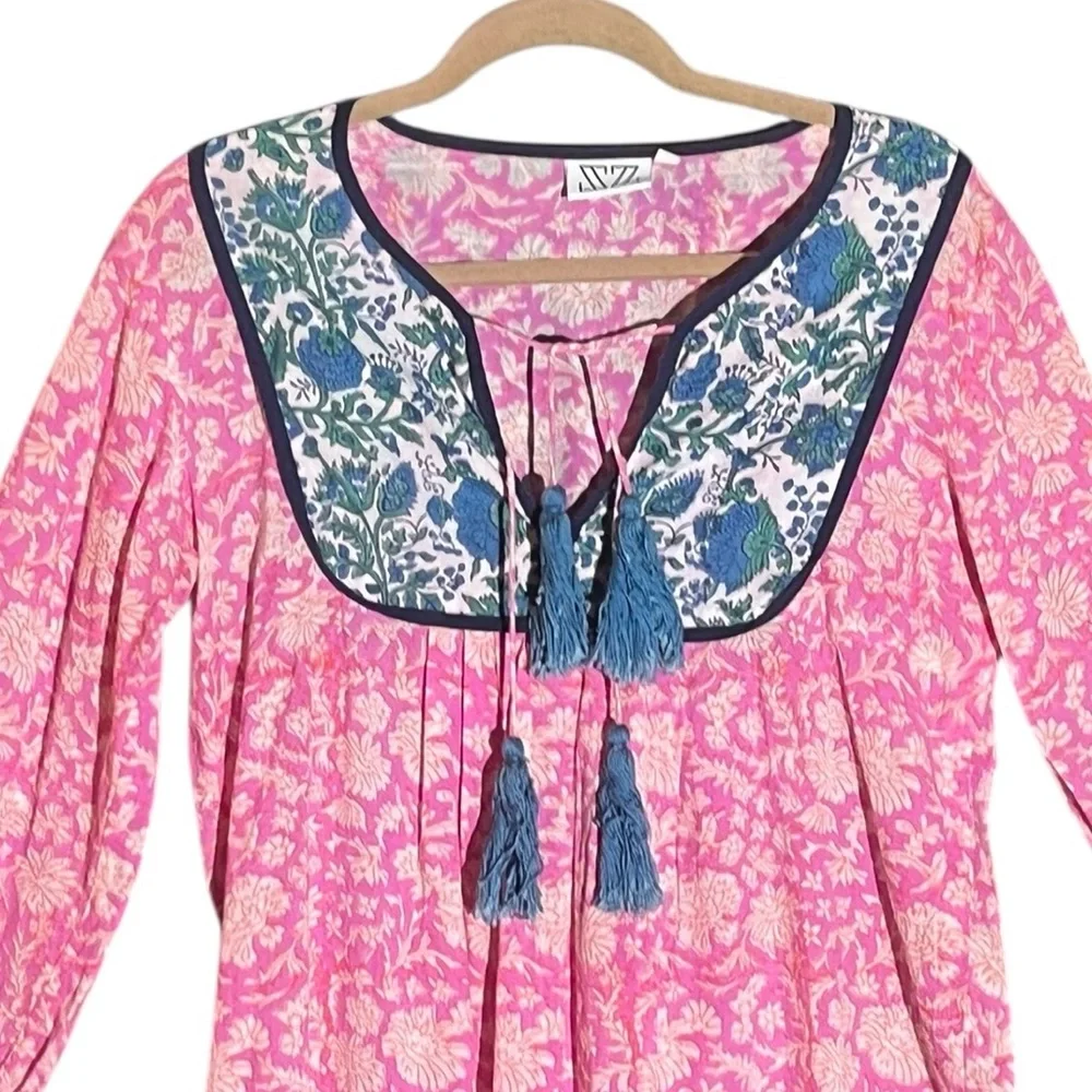SZ Blockprints Pink Blue Cotton Tassel Kitty Dress Coverup Dress Very gd cond M